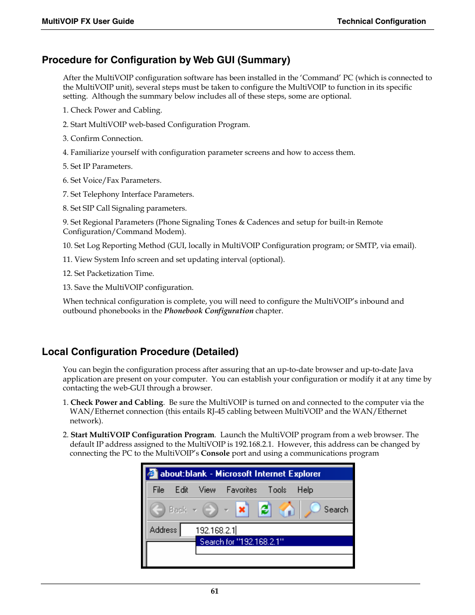 Procedure for configuration by web gui (summary), Local configuration procedure (detailed) | Multi-Tech Systems MVPFX2-2 User Manual | Page 61 / 193