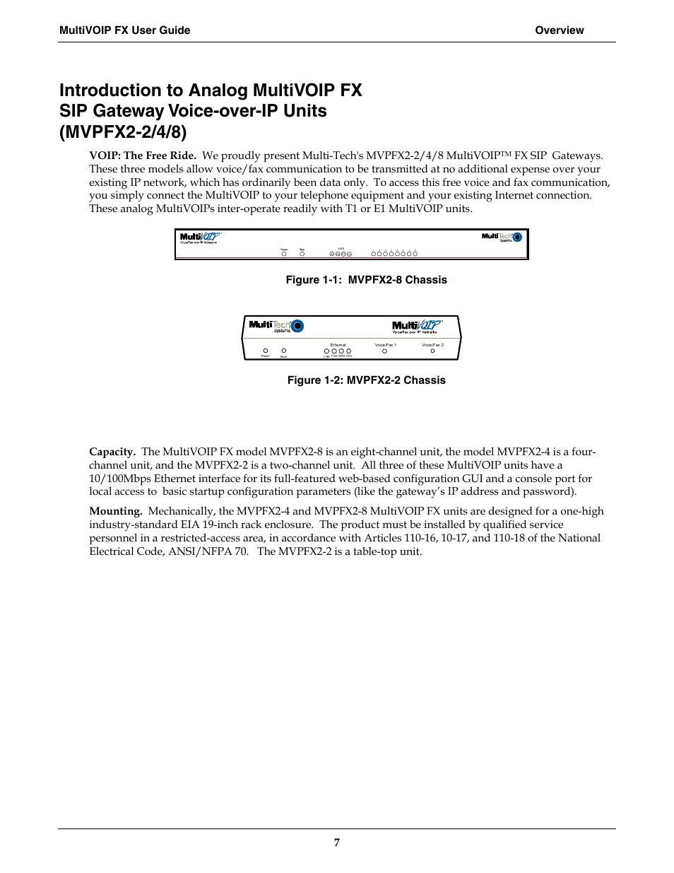 Multivoip fx user guide overview 7, Figure 1-1: mvpfx2-8 chassis | Multi-Tech Systems MVPFX2-2 User Manual | Page 7 / 193