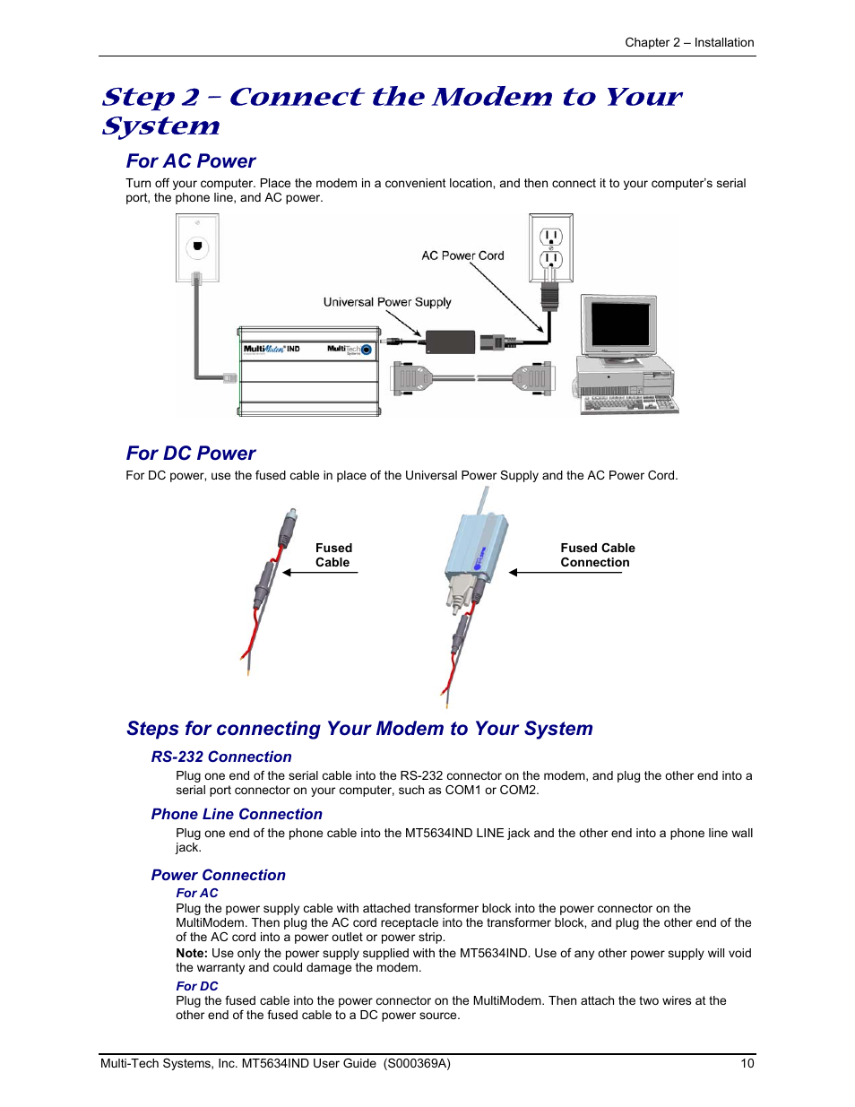 Step 2 – connect the modem to your system, For ac power, For dc power | Steps for connecting your modem to your system | Multi-Tech Systems MT5634IND User Manual | Page 10 / 28