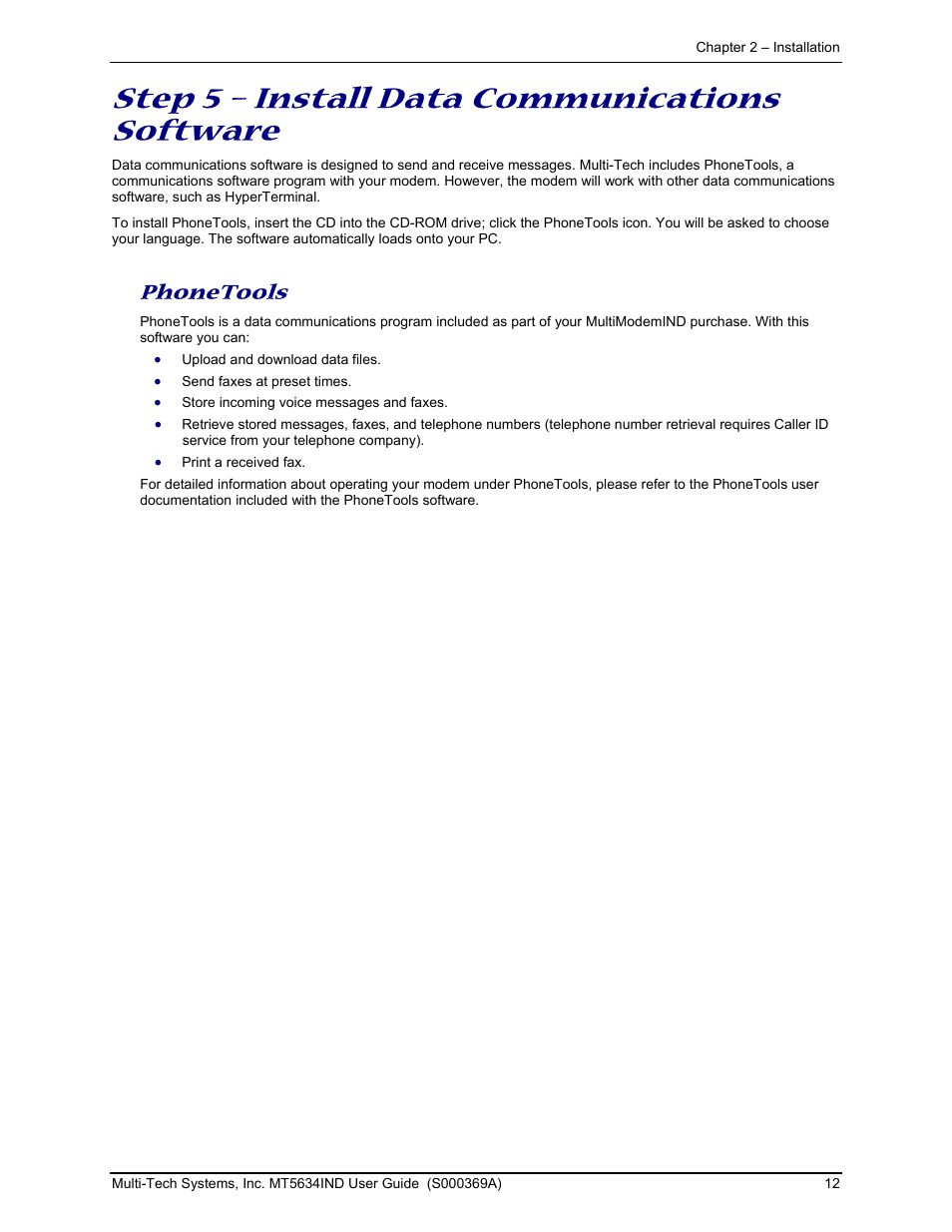 Step 5 – install data communications software, Phonetools | Multi-Tech Systems MT5634IND User Manual | Page 12 / 28