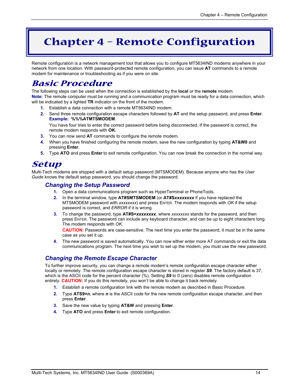 Chapter 4 – remote configuration, Basic procedure, Setup | Multi-Tech Systems MT5634IND User Manual | Page 14 / 28
