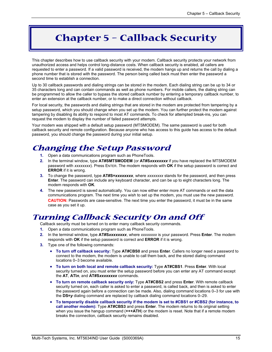 Chapter 5 – callback security, Changing the setup password, Turning callback security on and off | Multi-Tech Systems MT5634IND User Manual | Page 15 / 28