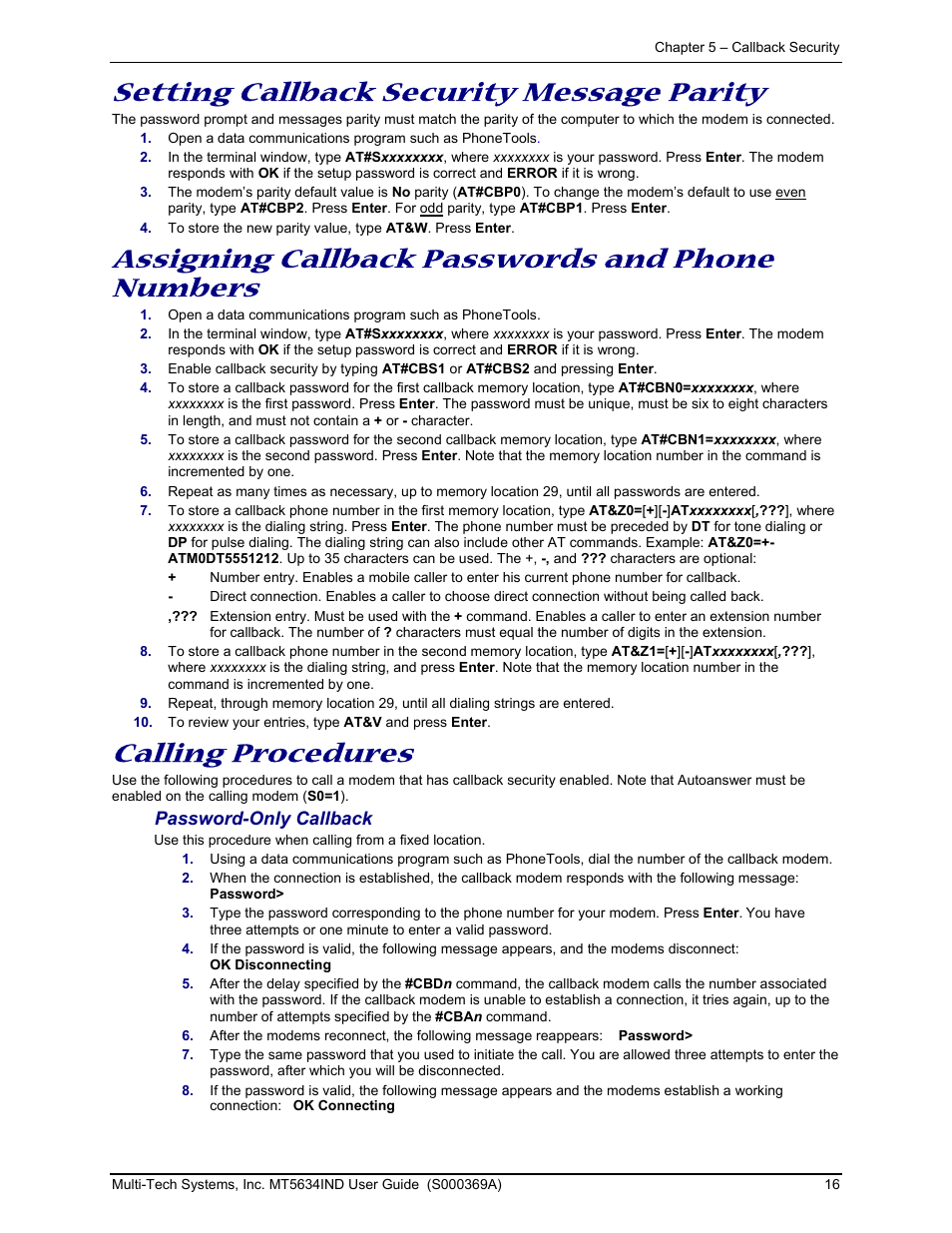 Setting callback security message parity, Assigning callback passwords and phone numbers, Calling procedures | Multi-Tech Systems MT5634IND User Manual | Page 16 / 28
