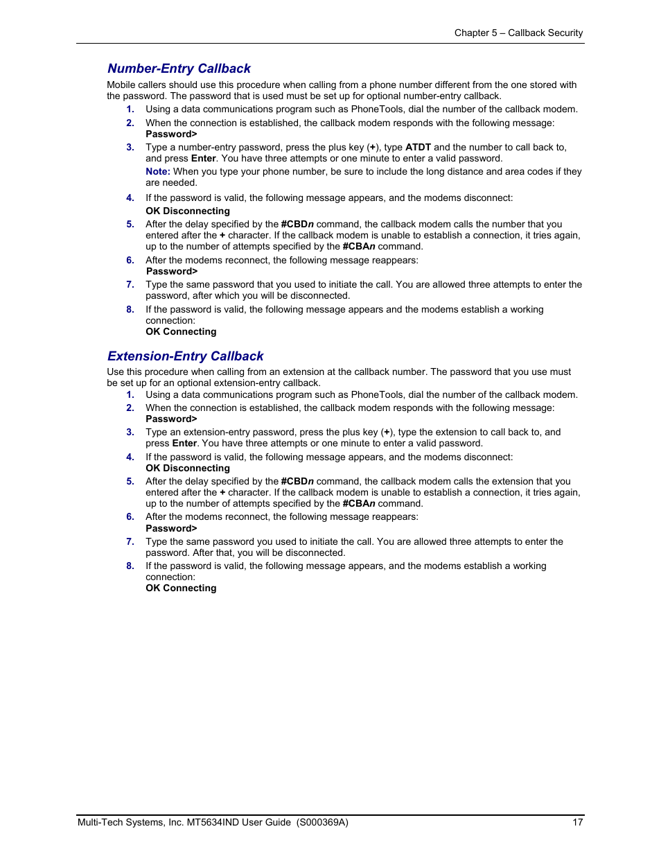 Number-entry callback, Extension-entry callback | Multi-Tech Systems MT5634IND User Manual | Page 17 / 28