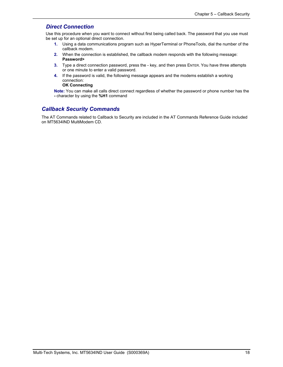 Direct connection, Callback security commands | Multi-Tech Systems MT5634IND User Manual | Page 18 / 28