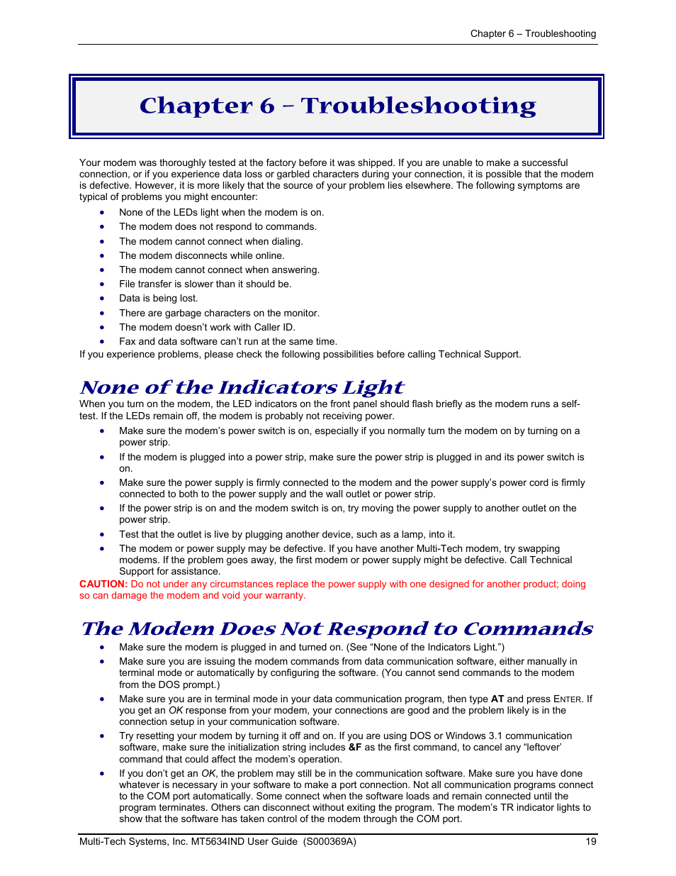 Chapter 6 – troubleshooting, None of the indicators light, The modem does not respond to commands | Multi-Tech Systems MT5634IND User Manual | Page 19 / 28