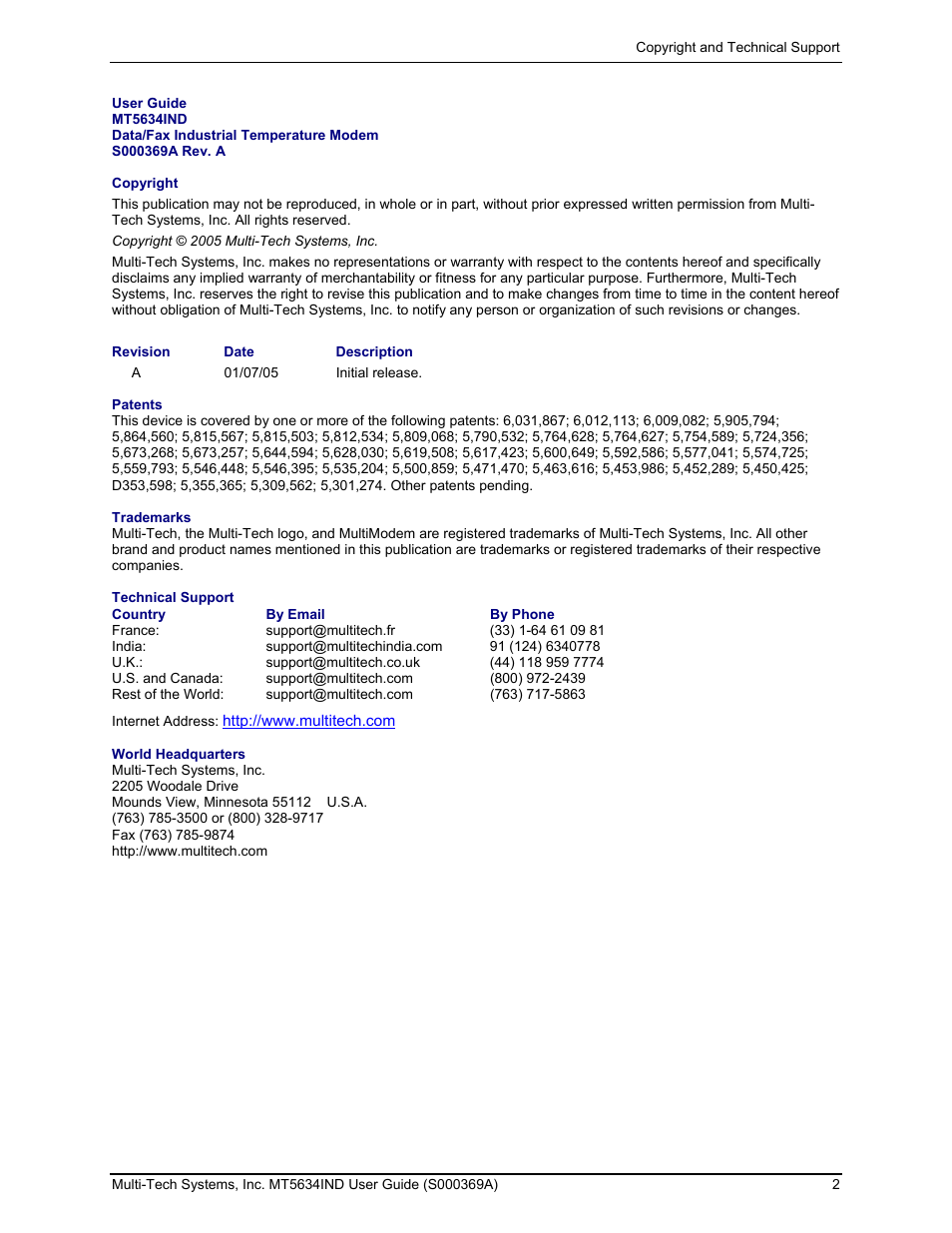 Multi-Tech Systems MT5634IND User Manual | Page 2 / 28