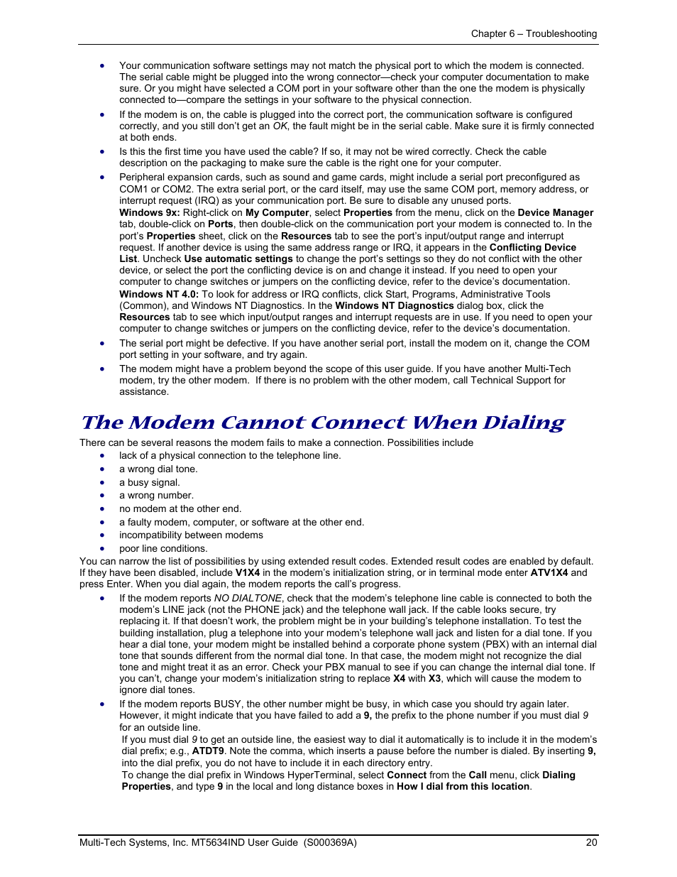 The modem cannot connect when dialing | Multi-Tech Systems MT5634IND User Manual | Page 20 / 28