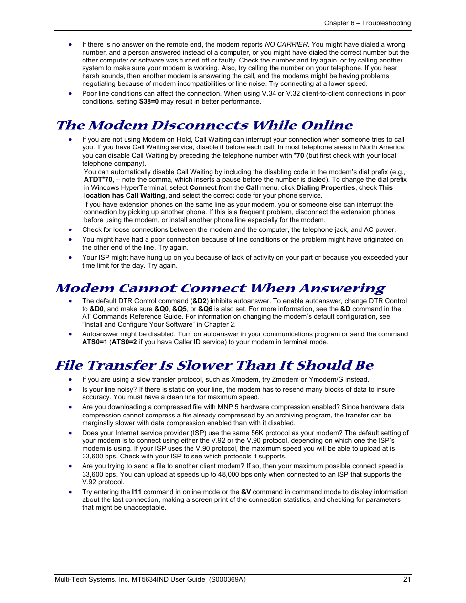 The modem disconnects while online, Modem cannot connect when answering, File transfer is slower than it should be | Multi-Tech Systems MT5634IND User Manual | Page 21 / 28