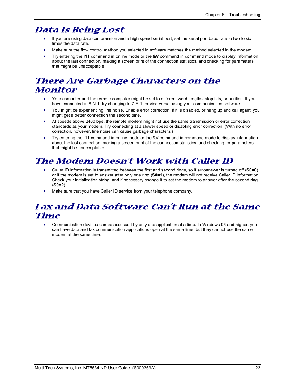 Data is being lost, There are garbage characters on the monitor, The modem doesn’t work with caller id | Fax and data software can’t run at the same time | Multi-Tech Systems MT5634IND User Manual | Page 22 / 28