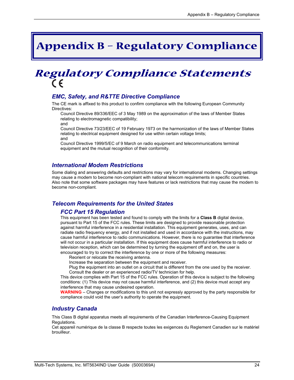 Regulatory compliance statements, Appendix b – regulatory compliance | Multi-Tech Systems MT5634IND User Manual | Page 24 / 28