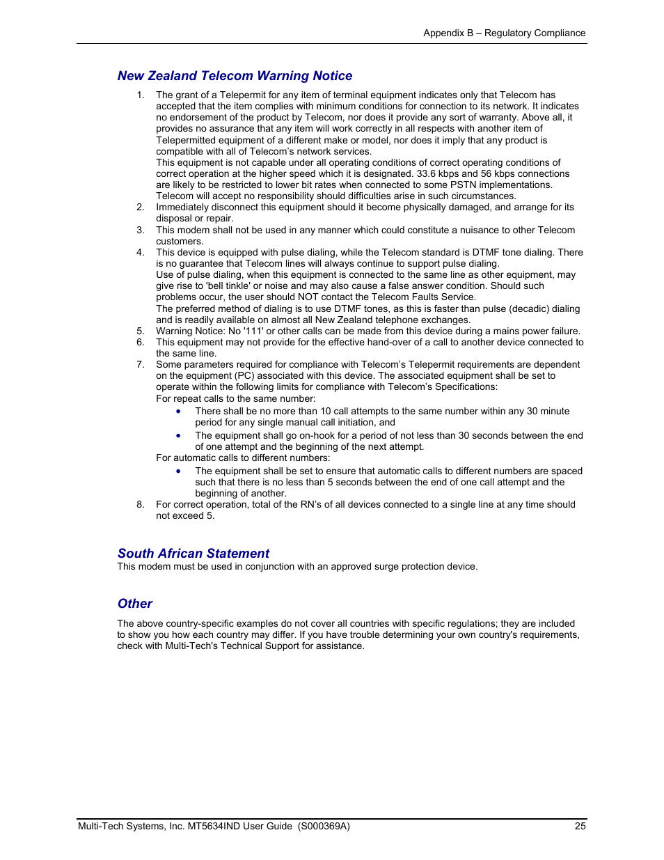 New zealand telecom warning notice, South african statement, Other | Multi-Tech Systems MT5634IND User Manual | Page 25 / 28