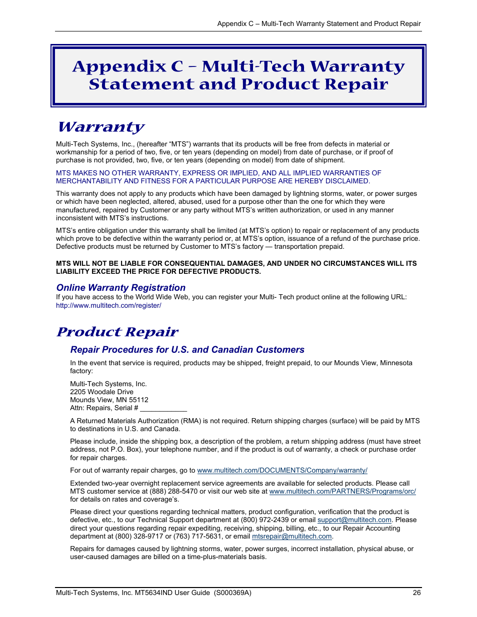 Warranty, Product repair | Multi-Tech Systems MT5634IND User Manual | Page 26 / 28