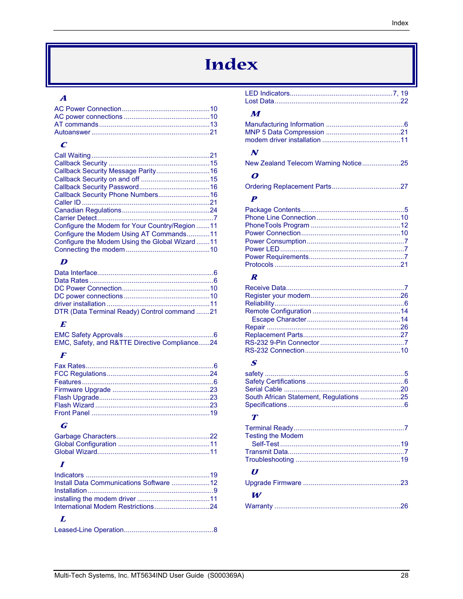 Index | Multi-Tech Systems MT5634IND User Manual | Page 28 / 28