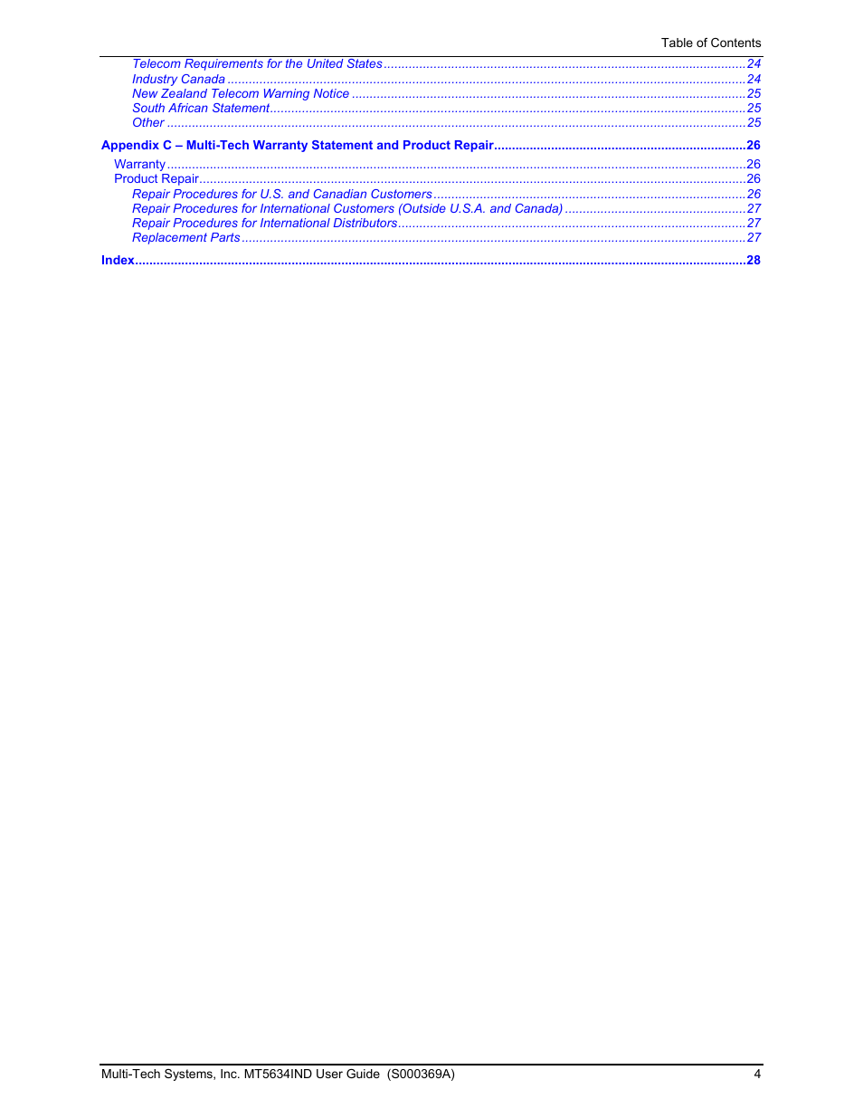 Multi-Tech Systems MT5634IND User Manual | Page 4 / 28