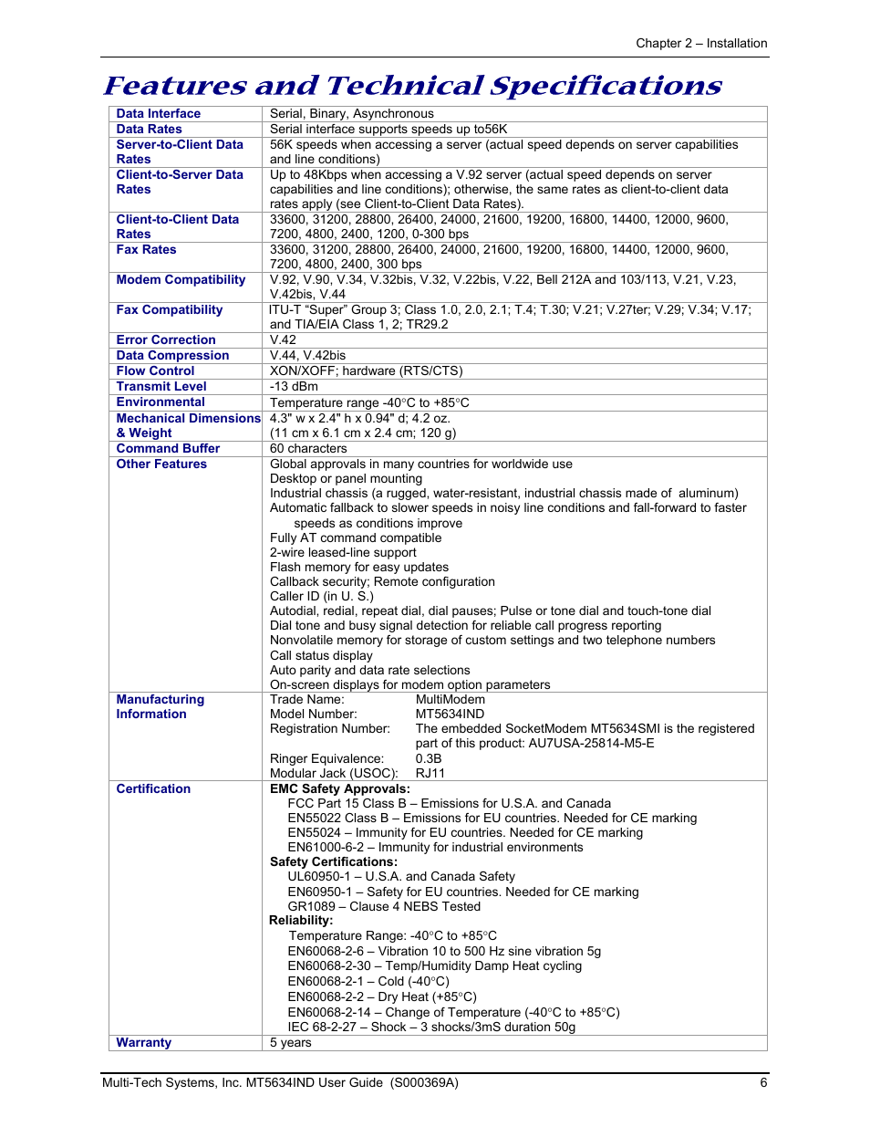 Features and technical specifications | Multi-Tech Systems MT5634IND User Manual | Page 6 / 28