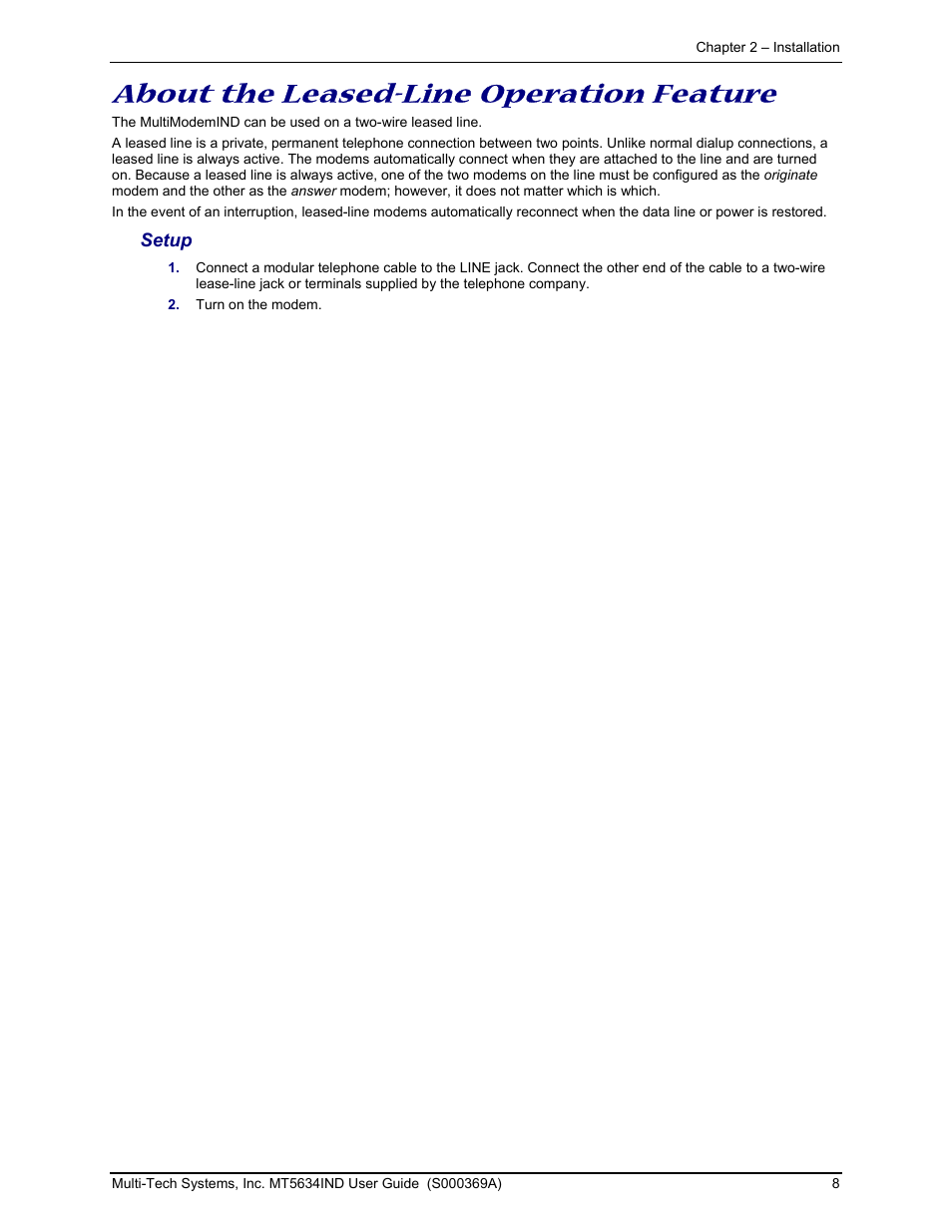 About the leased-line operation feature | Multi-Tech Systems MT5634IND User Manual | Page 8 / 28