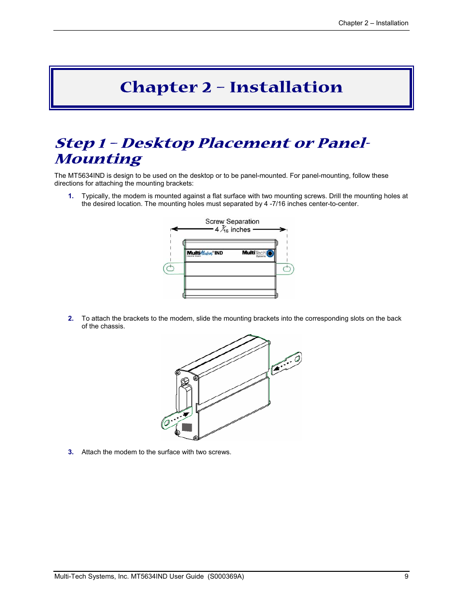 Chapter 2 – installation, Step 1 – desktop placement or panel- mounting | Multi-Tech Systems MT5634IND User Manual | Page 9 / 28