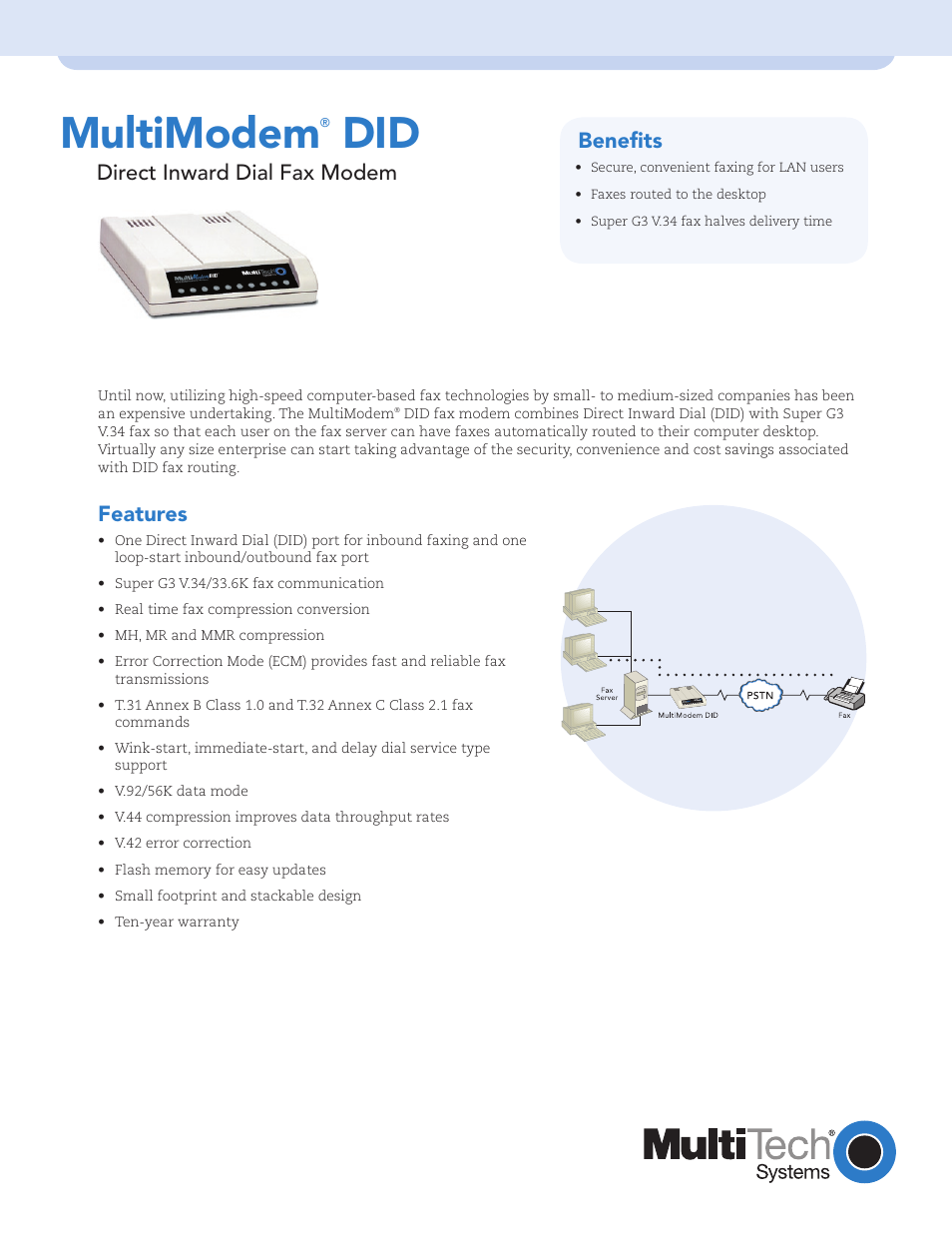 Multi-Tech Systems Direct Inward Dial Fax Modem MultiModem DID User Manual | 2 pages