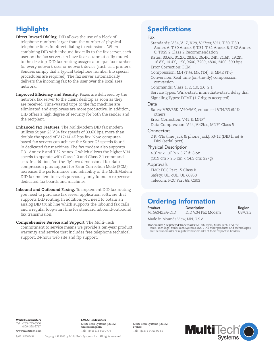Highlights, Ordering information, Speciﬁcations | Multi-Tech Systems Direct Inward Dial Fax Modem MultiModem DID User Manual | Page 2 / 2