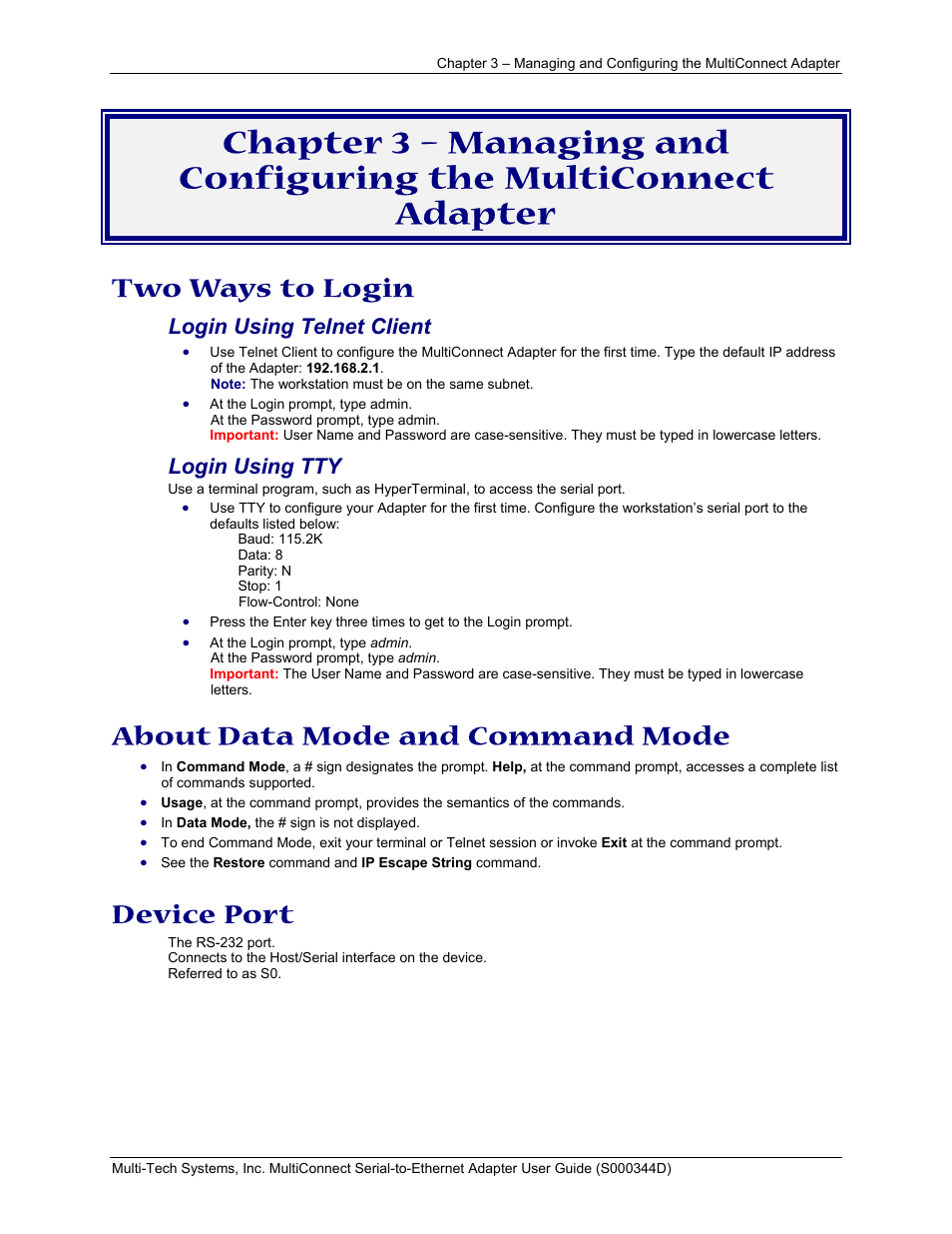Two ways to login, About data mode and command mode, Device port | Login using telnet client, Login using tty | Multi-Tech Systems MultiConnect Adapter Serial-to-Ethernet Adapter with IP User Manual | Page 12 / 22