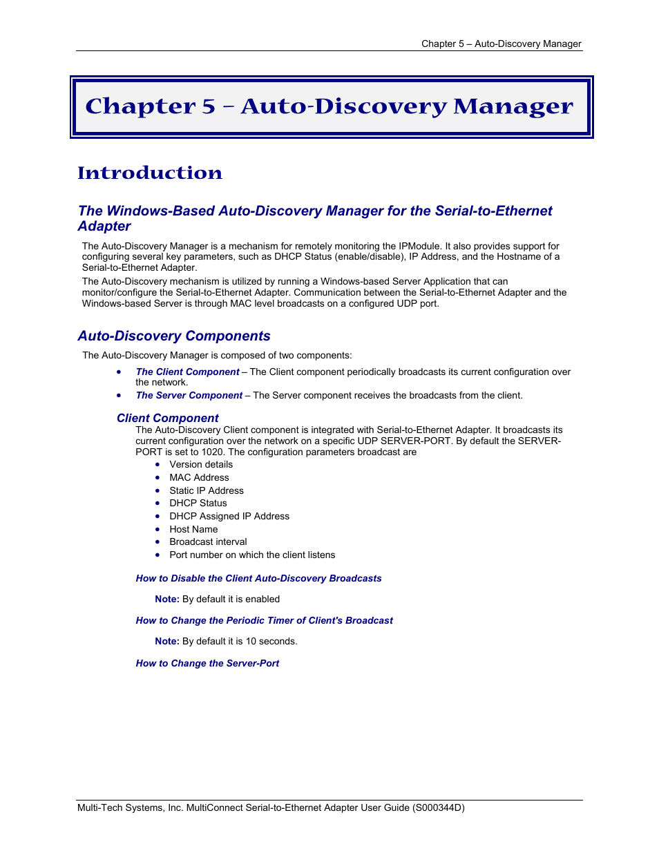 Chapter 5 – auto-discovery manager, Introduction, Auto-discovery components | Multi-Tech Systems MultiConnect Adapter Serial-to-Ethernet Adapter with IP User Manual | Page 14 / 22
