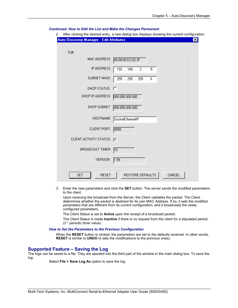 Supported feature – saving the log | Multi-Tech Systems MultiConnect Adapter Serial-to-Ethernet Adapter with IP User Manual | Page 16 / 22