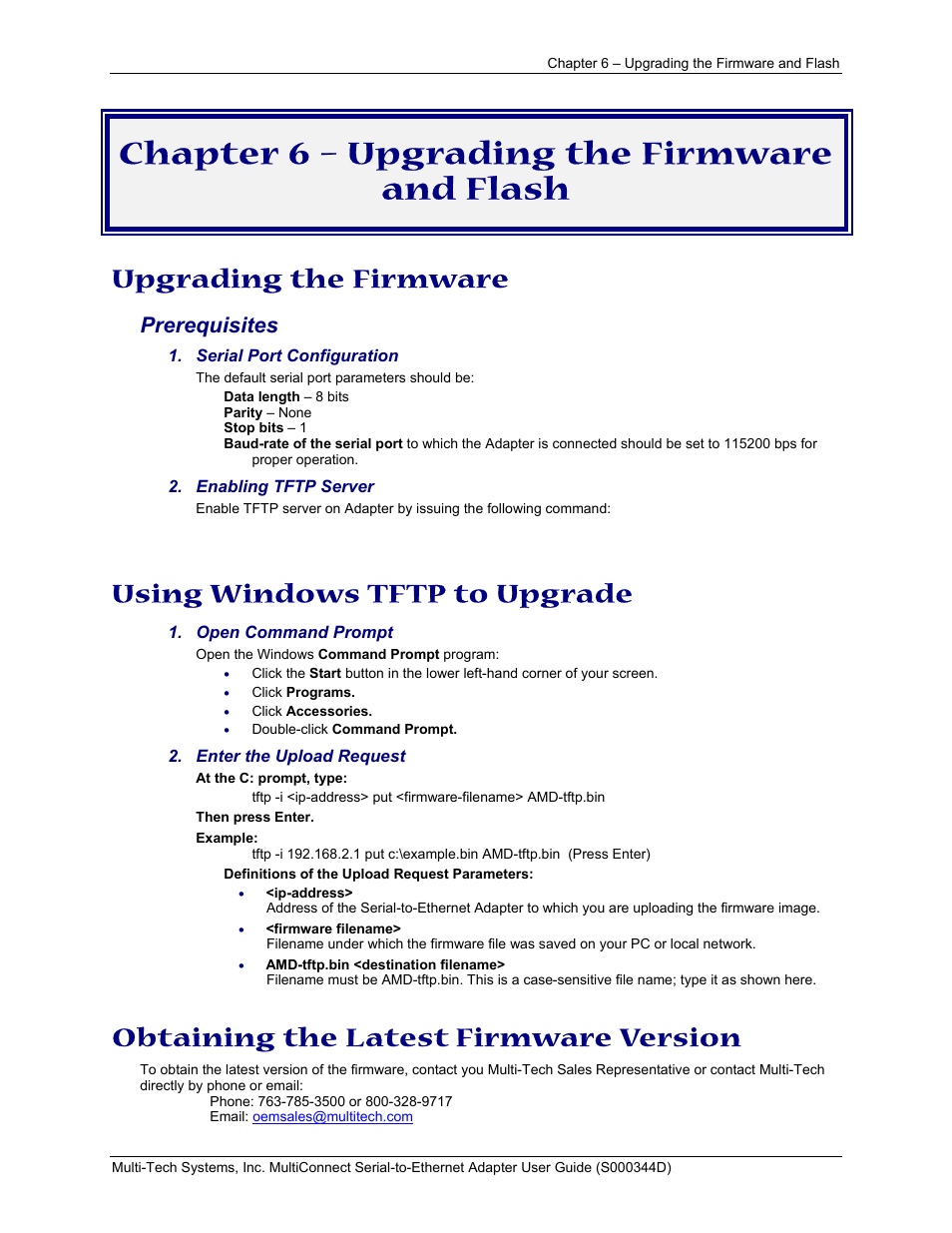 Chapter 6 – upgrading the firmware and flash, Upgrading the firmware, Using windows tftp to upgrade | Obtaining the latest firmware version, Prerequisites | Multi-Tech Systems MultiConnect Adapter Serial-to-Ethernet Adapter with IP User Manual | Page 17 / 22