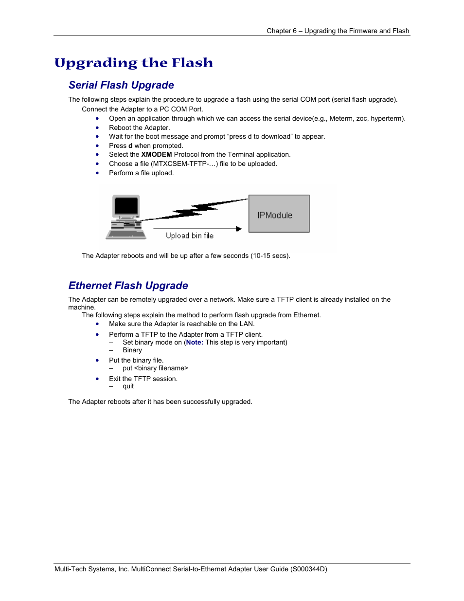 Upgrading the flash, Serial flash upgrade, Ethernet flash upgrade | Multi-Tech Systems MultiConnect Adapter Serial-to-Ethernet Adapter with IP User Manual | Page 18 / 22