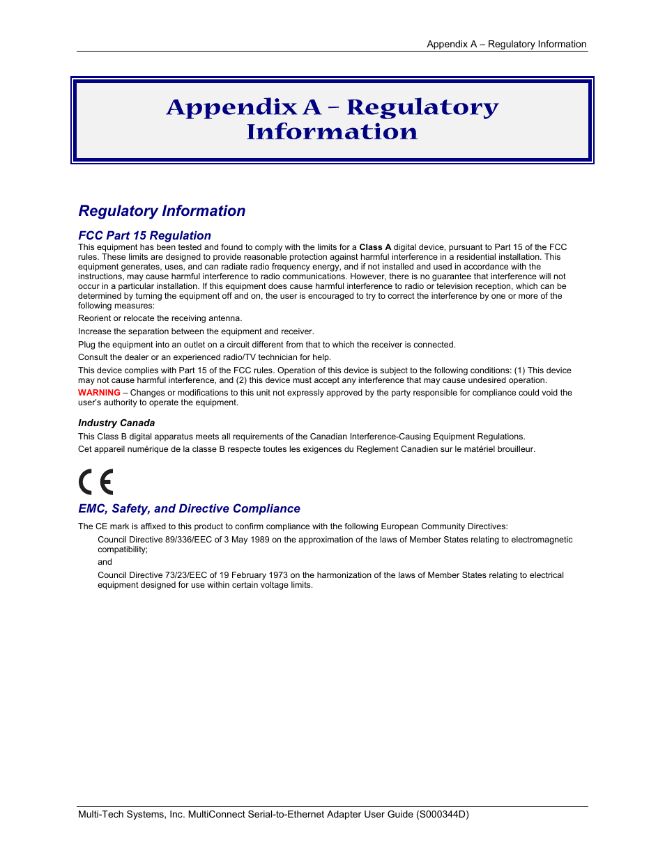 Appendix a – regulatory information, Regulatory information | Multi-Tech Systems MultiConnect Adapter Serial-to-Ethernet Adapter with IP User Manual | Page 19 / 22