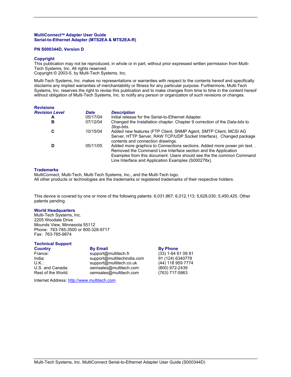 Multi-Tech Systems MultiConnect Adapter Serial-to-Ethernet Adapter with IP User Manual | Page 2 / 22