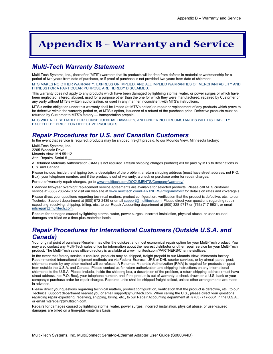 Appendix b – warranty and service, Multi-tech warranty statement, Repair procedures for u.s. and canadian customers | Multi-Tech Systems MultiConnect Adapter Serial-to-Ethernet Adapter with IP User Manual | Page 20 / 22