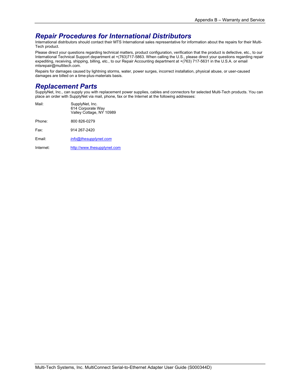 Repair procedures for international distributors, Replacement parts | Multi-Tech Systems MultiConnect Adapter Serial-to-Ethernet Adapter with IP User Manual | Page 21 / 22