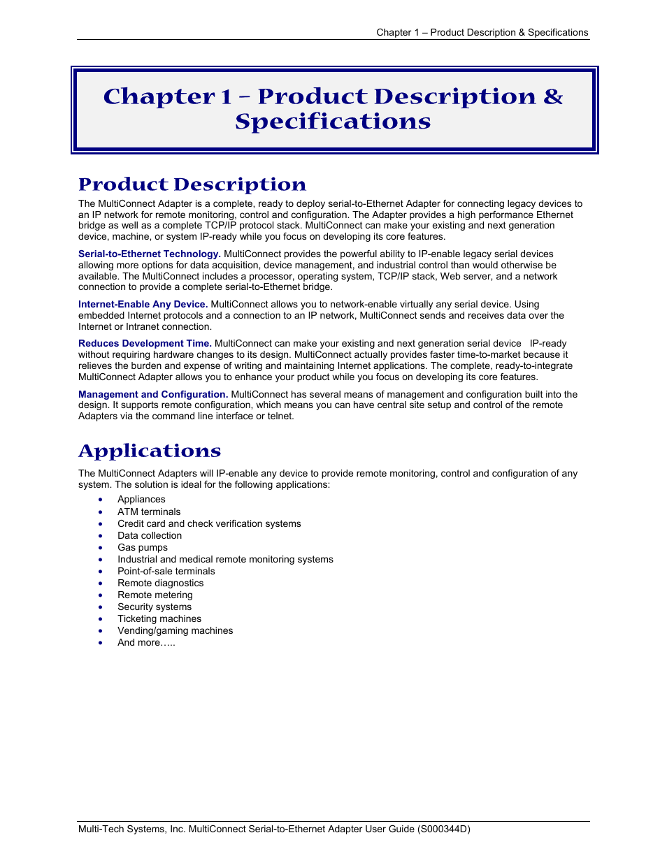 Chapter 1 – product description & specifications, Product description, Applications | Multi-Tech Systems MultiConnect Adapter Serial-to-Ethernet Adapter with IP User Manual | Page 4 / 22