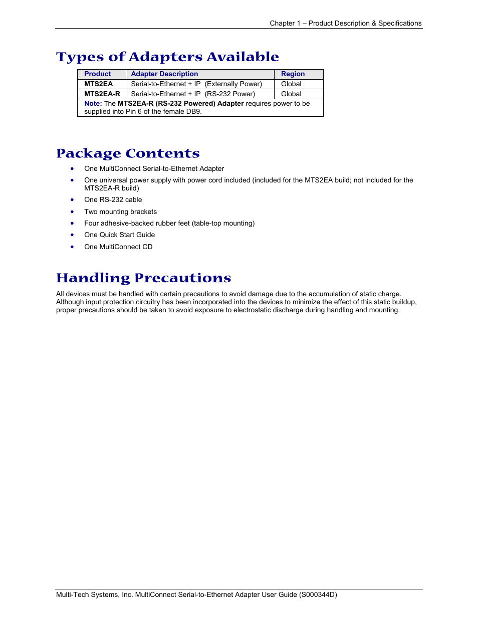 Types of adapters available, Package contents, Handling precautions | Multi-Tech Systems MultiConnect Adapter Serial-to-Ethernet Adapter with IP User Manual | Page 5 / 22