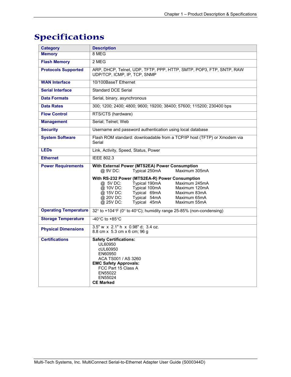 Specifications | Multi-Tech Systems MultiConnect Adapter Serial-to-Ethernet Adapter with IP User Manual | Page 6 / 22