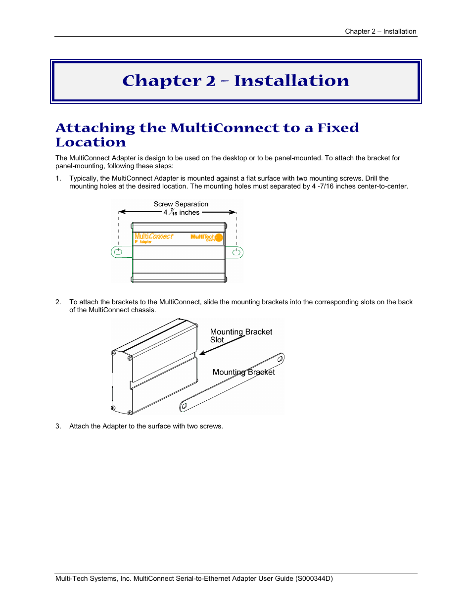 Chapter 2 – installation, Attaching the multiconnect to a fixed location | Multi-Tech Systems MultiConnect Adapter Serial-to-Ethernet Adapter with IP User Manual | Page 9 / 22