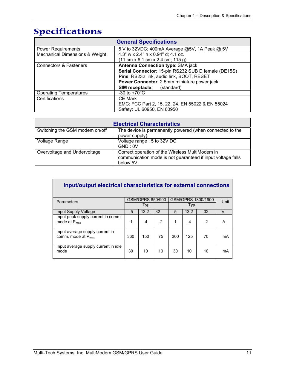 Specifications, General specifications, Electrical characteristics | Multi-Tech Systems MTCBA-G-F1 User Manual | Page 11 / 29