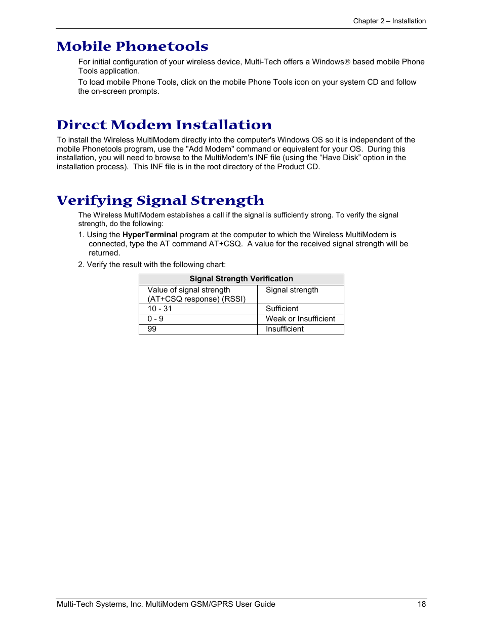 Mobile phonetools, Direct modem installation, Verifying signal strength | Multi-Tech Systems MTCBA-G-F1 User Manual | Page 18 / 29