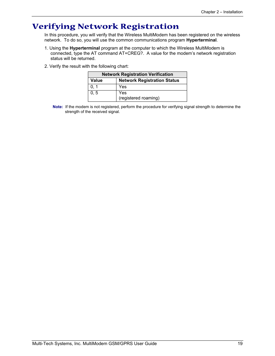 Verifying network registration | Multi-Tech Systems MTCBA-G-F1 User Manual | Page 19 / 29