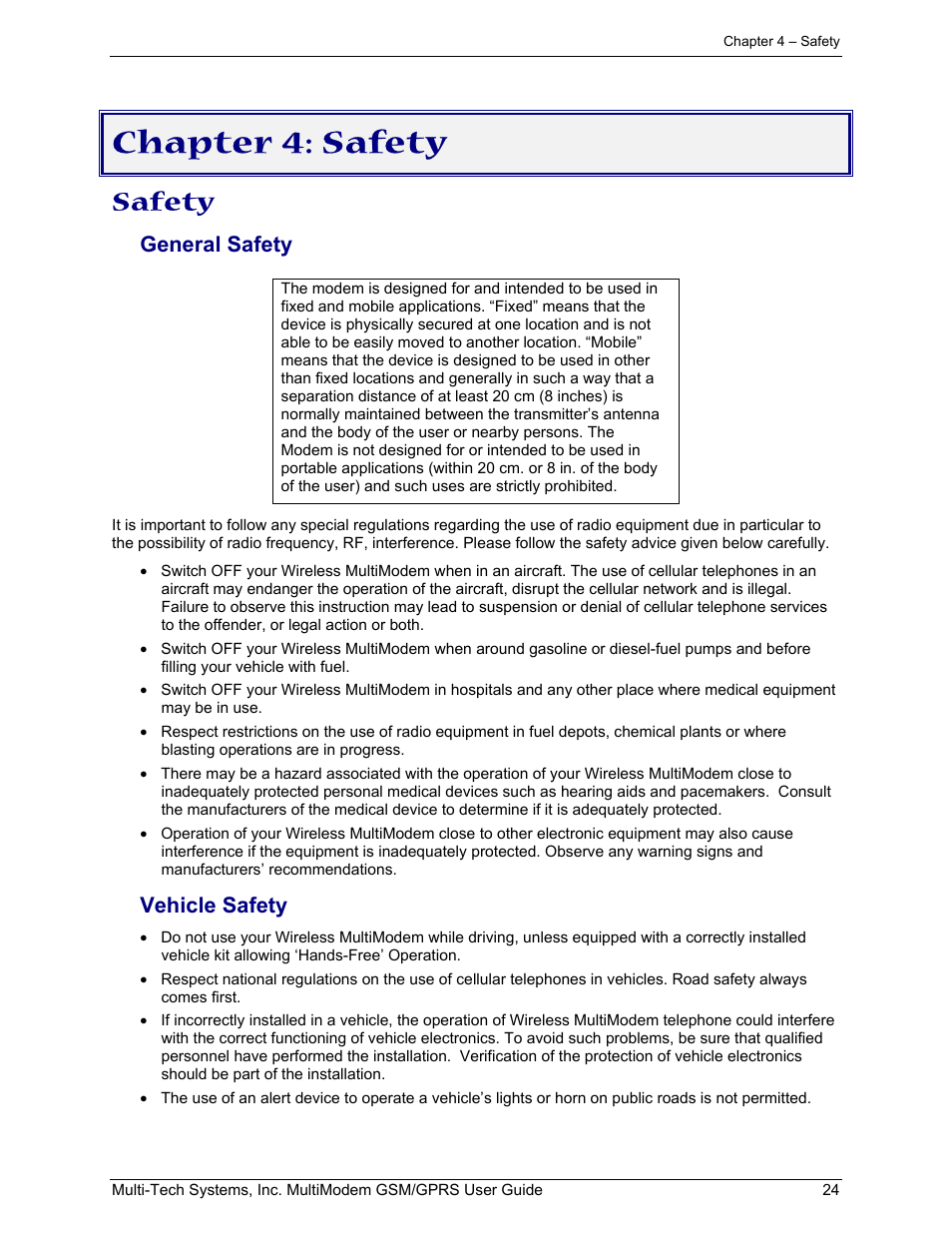 Chapter 4: safety, Safety, General safety | Vehicle safety | Multi-Tech Systems MTCBA-G-F1 User Manual | Page 24 / 29
