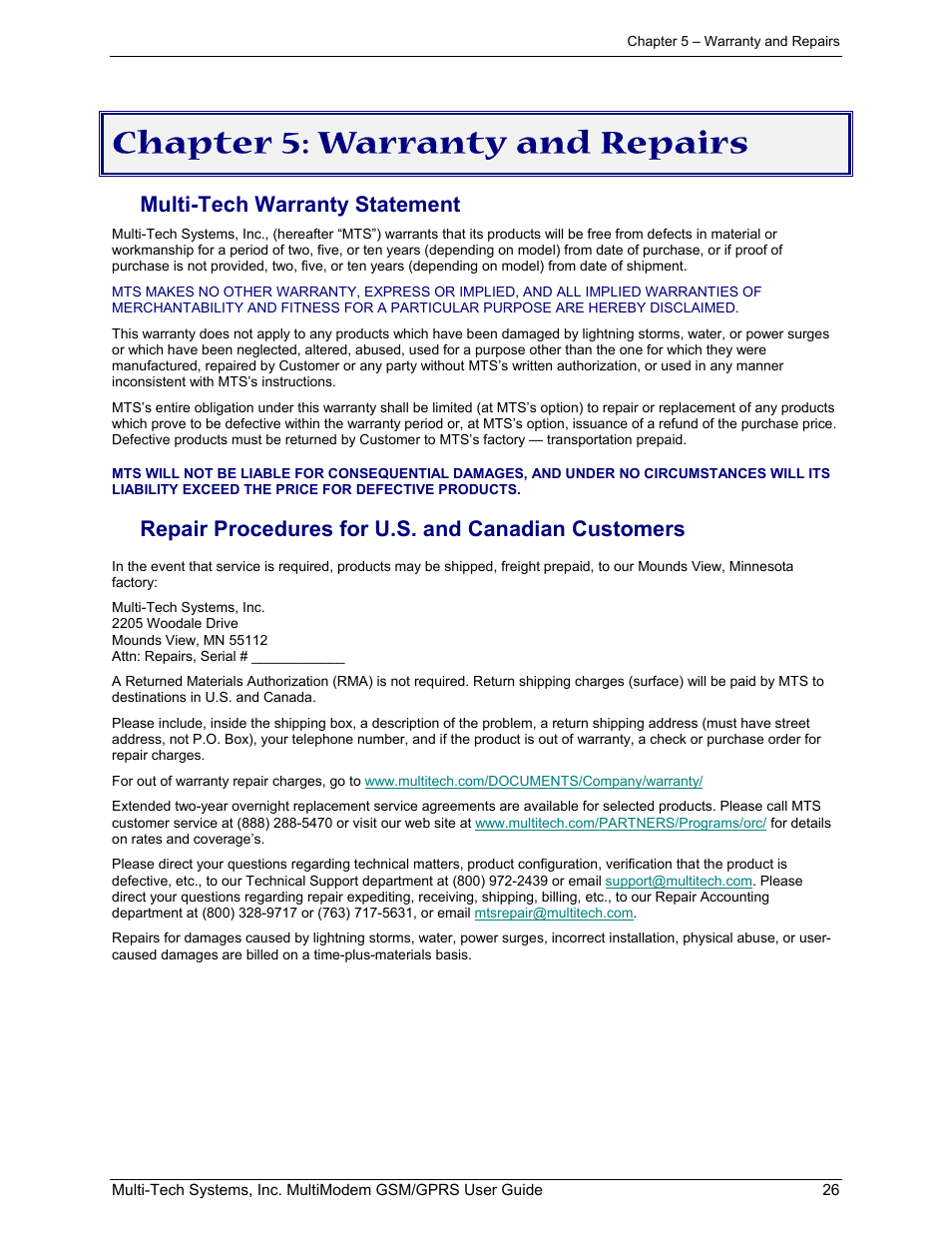 Chapter 5: warranty and repairs, Multi-tech warranty statement, Repair procedures for u.s. and canadian customers | Multi-Tech Systems MTCBA-G-F1 User Manual | Page 26 / 29