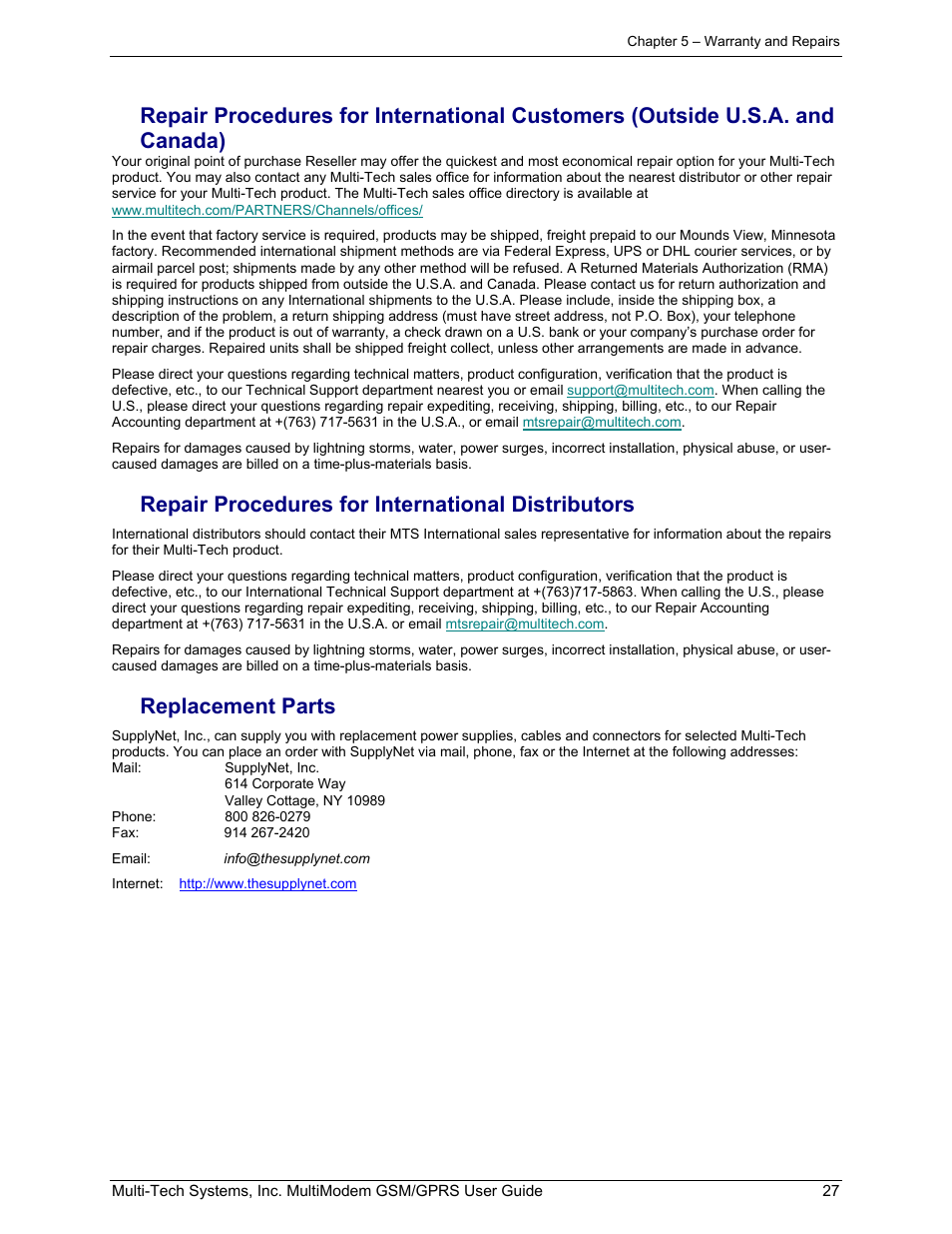 Repair procedures for international distributors, Replacement parts | Multi-Tech Systems MTCBA-G-F1 User Manual | Page 27 / 29