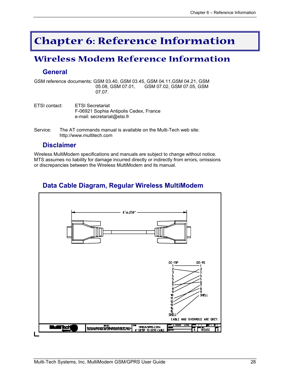 Chapter 6: reference information, Wireless modem reference information | Multi-Tech Systems MTCBA-G-F1 User Manual | Page 28 / 29