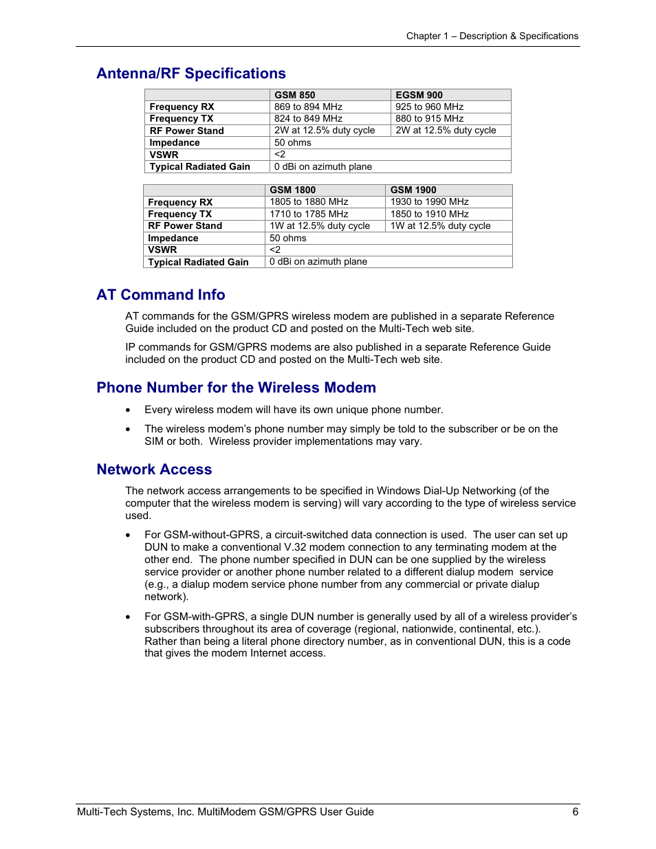 Antenna/rf specifications, At command info, Phone number for the wireless modem | Network access | Multi-Tech Systems MTCBA-G-F1 User Manual | Page 6 / 29