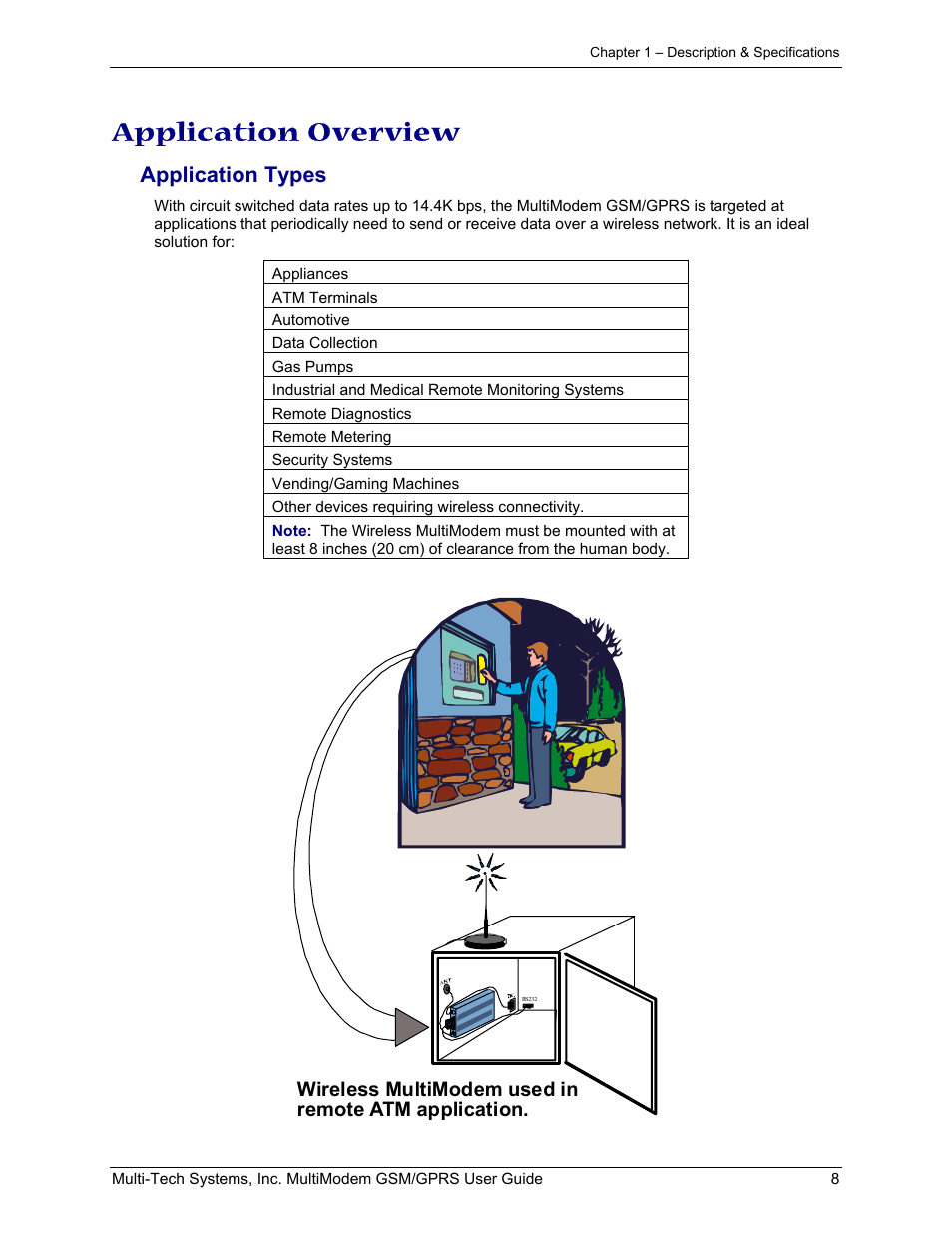 Application overview, Application types, Wireless multimodem used in remote atm application | Multi-Tech Systems MTCBA-G-F1 User Manual | Page 8 / 29