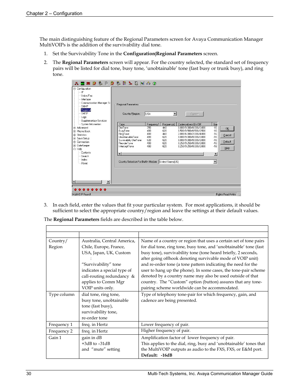 Regional parameters screen | Multi-Tech Systems MVP103 User Manual | Page 30 / 79