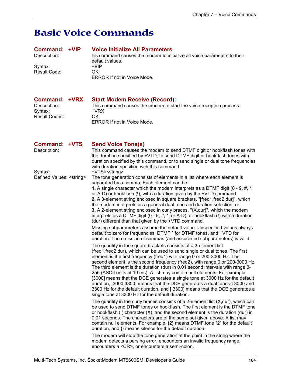 Basic voice commands | Multi-Tech Systems MT5600SMI-34 User Manual | Page 104 / 134