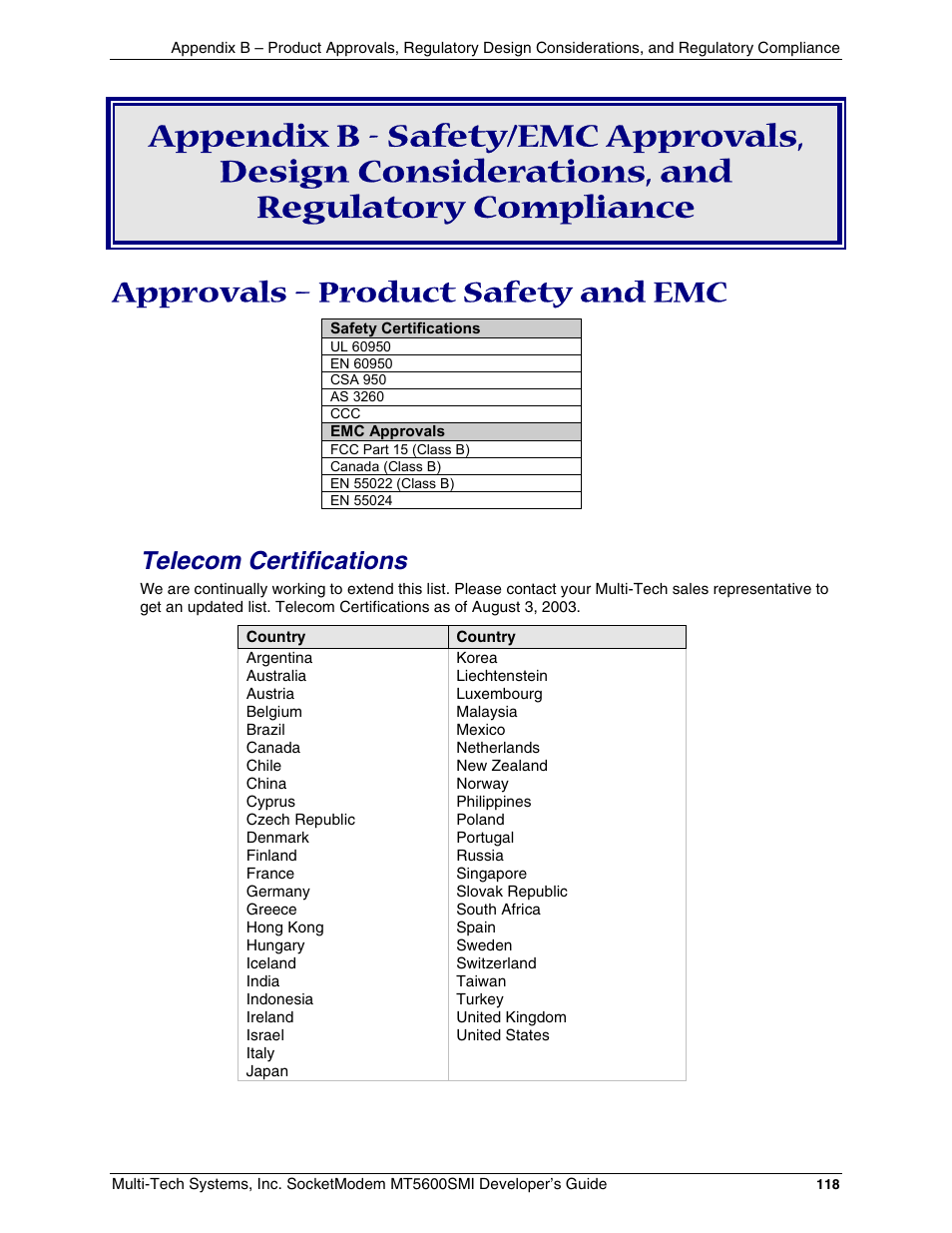 Approvals – product safety and emc, Telecom certifications | Multi-Tech Systems MT5600SMI-34 User Manual | Page 118 / 134