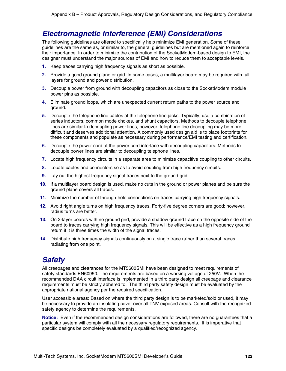 Electromagnetic interference (emi) considerations, Safety | Multi-Tech Systems MT5600SMI-34 User Manual | Page 122 / 134